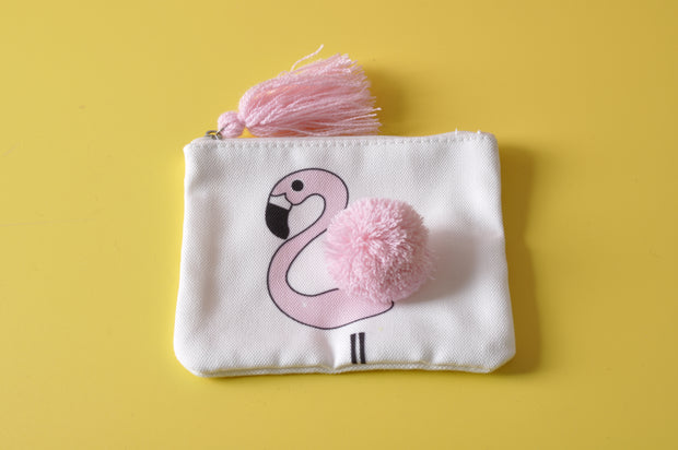 Flamingo Cotton Coin Purse Mini Pouch with Pom Pom and Tassel