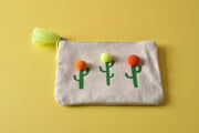 Cactus Canvas  Earphone Holder  Made Up Pouch with Small Pom Pom