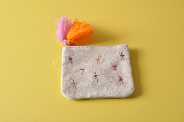 Embroidered Flamingo Canvas Mini Pouch Coin Purse with Tassel