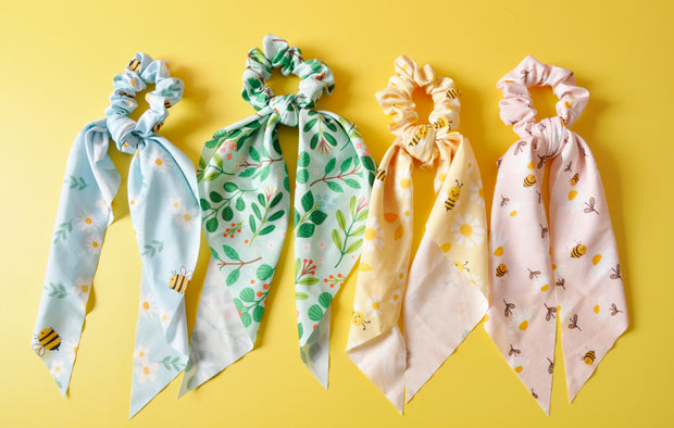 Spring & Bees Satin Scrunchies with Ribbon