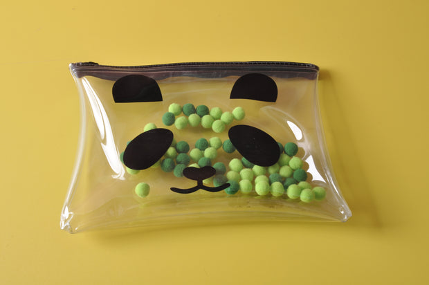gifts-master | Clear Panda Pen Pouch Cosmetic Pouch with Green Pom Pom Balls inside