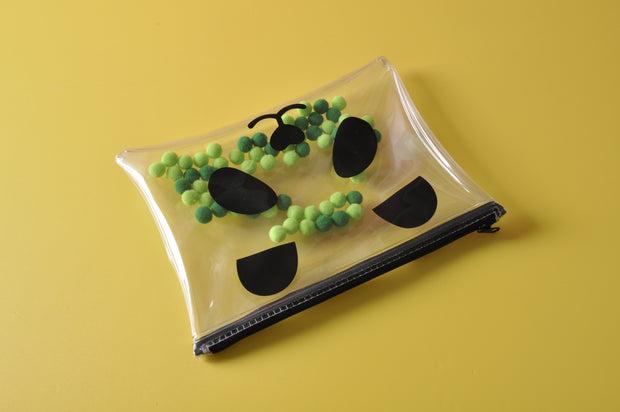 Clear Panda Pen Pouch Cosmetic Pouch with Green Pom Pom Balls inside