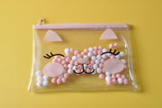 Pink Cat Pen Pouch Cosmetic Pouch with Cute Pom Pom Balls inside