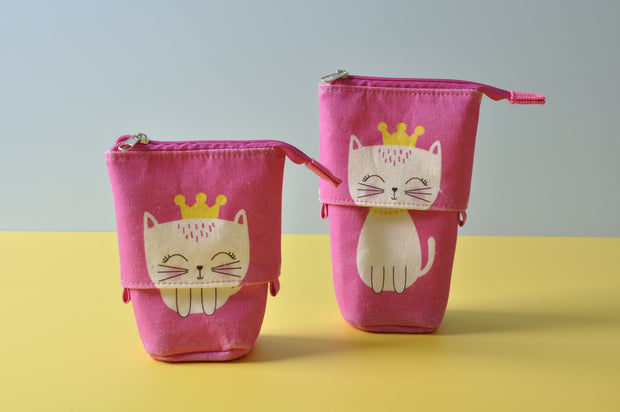 Crown Cat Queen Canvas Cotton Standing stretchedable Pop Up Cosmetic Pouch Pencil Case