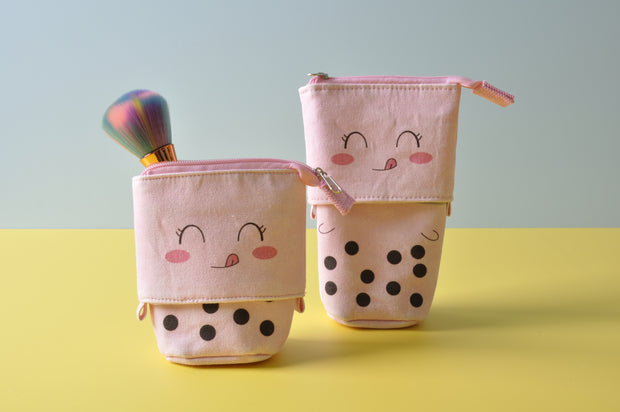  gifts-master | Pink Bubble Tea Canvas Cotton Stand up stretchedable Pop Up Cosmetic Pouch Pencil Case in sale