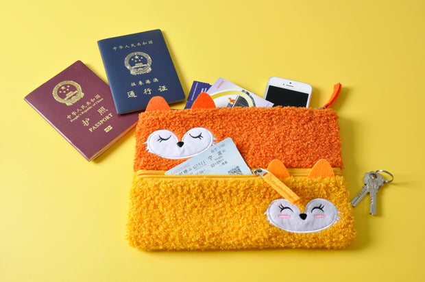 Fuzzy Fox Double Zip Pouch Multi-functional Organizer Bag Cute Pencil Case