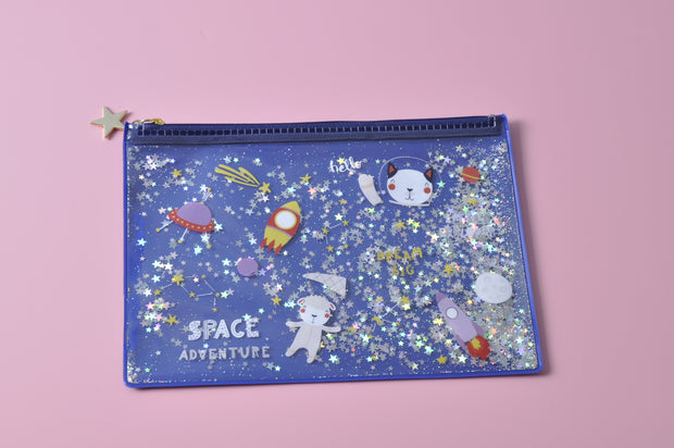 Space Adventure PVC Pencil Case/Cosmetic Pouch with Liquid and Glitter