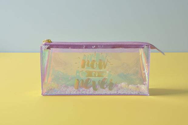 "Now or Never" Irridescent Standing Pencil Case with Glitter