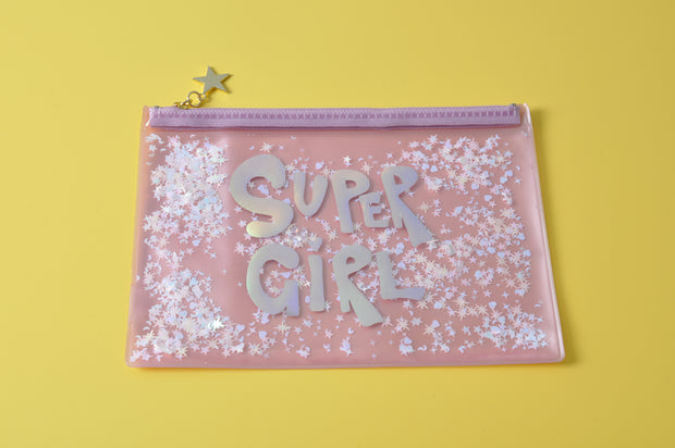 "Super Girl" Liquid and Glitter Pen Pouch/Cosmetic Pouch