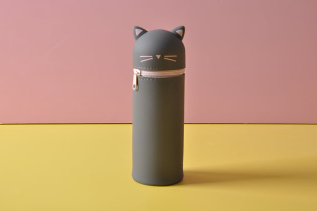 Silicone Stand Up Gray Cat Pencil Case