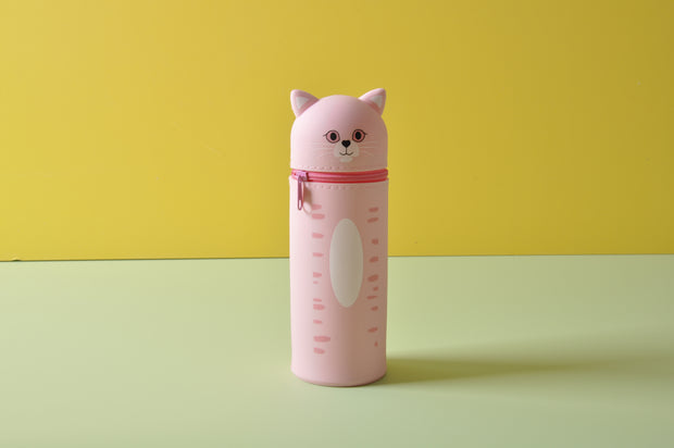 Silicone Stand Up Pink Cat Pencil Case