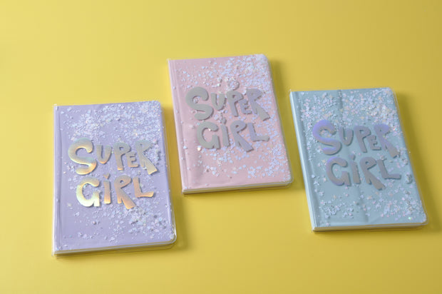 "Super Girl" Irridescent Printed Liquid Glitter Notebook/Journal