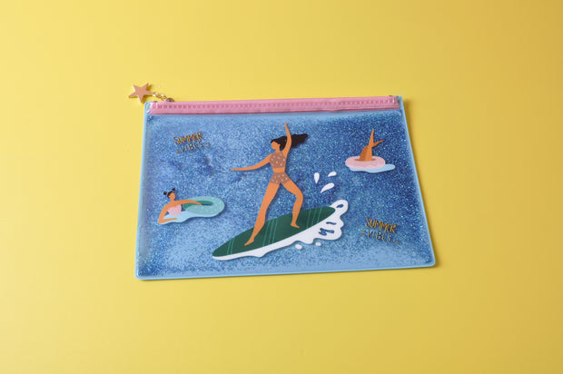 gifts-master | SURFING GIRLS LIQUID GLITTER PENCIL CASE/COSMETIC POUCH in sale